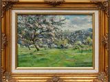 une peinture à l'huile représentant un champ avec un arbre au premier plan