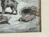 a drawing of a dog standing next to a dead turtle
