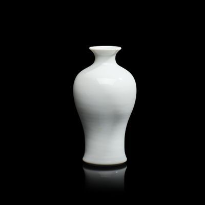 un vase blanc posé sur une surface noire