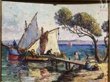 a painting of a boat on the water with people on it