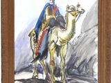 painting of a man riding on a camel with a blue cape