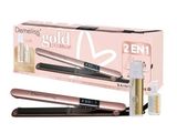 Ensemble 2 en 1 « lisseur et brosse » doré, présenté dans un coffret