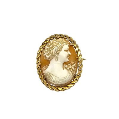 an image of a woman ' s profile is shown in a gold tone broochle