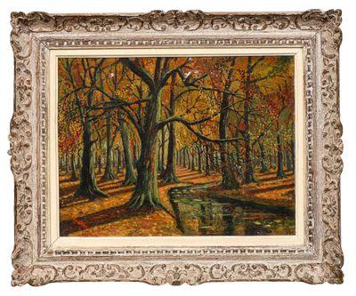 un tableau représentant une scène de forêt avec un ruisseau au premier plan