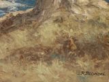 a painting of a tree on a hill by the water