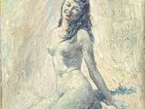une peinture à l'huile représentant une femme assise sur un lit, les jambes croisées