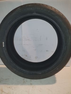 tires are lined up on a shelf in a room