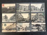 several old black and white photos of people and buildings on a street