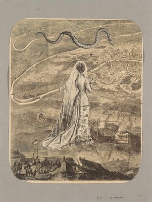 drawing of a woman in a long dress standing on a hill with a snake in her hand