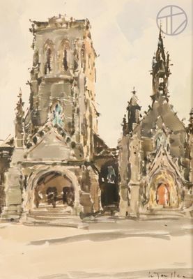une aquarelle représentant une église avec un clocher