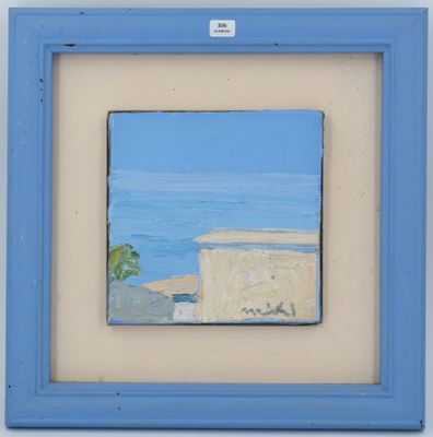 une peinture à l'huile représentant un cadre bleu avec une image de plage