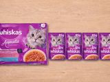quatre paquets de nourriture pour chat Whiska's posés sur une table