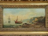 an oil painting of a boat in a body of water