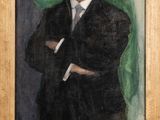 painting of a man in a suit and tie standing in front of a green curtain