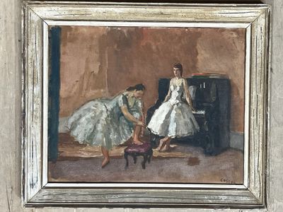a painting of two women in white dresses and a dog