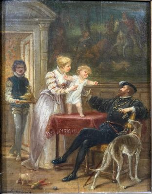 une image représentant un tableau où l'on voit un homme et une femme assis à une table avec un chien