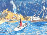 dessin représentant un bateau sur l'eau, avec une montagne en arrière-plan