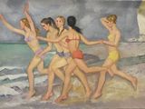 painting of a group of women in bathing suits running on a beach