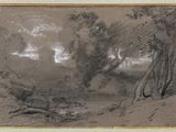 dessin d'un paysage avec des arbres et une rivière au premier plan