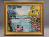 une peinture à l'huile représentant un couple dans un bateau sur un lac