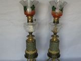 pair of antique glass and brass candlesticks with flowers and leaves