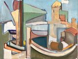 une peinture représentant un bateau sur l'eau, avec un bâtiment en arrière-plan