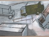 une peinture représentant un groupe de camions peints sur le mur