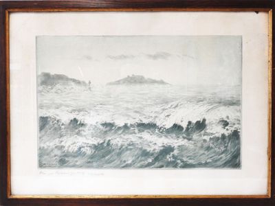 painting of a large body of water with a small island in the background