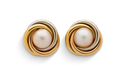 Boucles d'oreilles bicolores or et nacre sur fond blanc