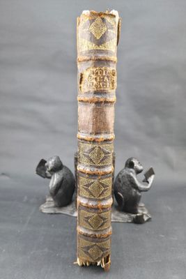 an old book sitting on top of a table next to a statue of a dog