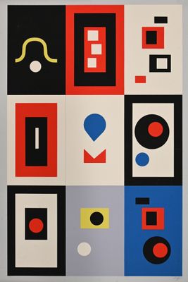 une image représentant une affiche sur laquelle figurent différentes formes et couleurs