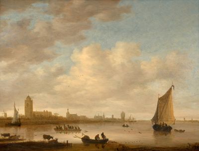 a painting of boats on the water with a castle in the background
