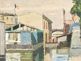 a painting of a man sitting on a dock