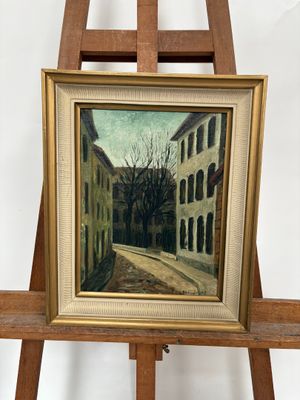 peinture à l'huile d'une scène de rue avec des bâtiments en arrière-plan