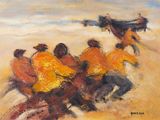 un tableau représentant un groupe de personnes à cheval sur la plage