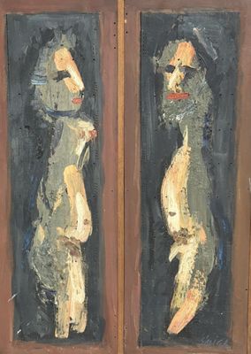 deux tableaux représentant un homme et une femme se faisant face