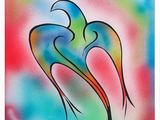 une peinture représentant un oiseau et une abeille sur un fond coloré