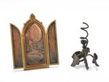 a picture of a candle holder next to a picture of a man on a horse