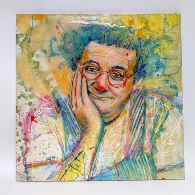 a painting of a man with glasses on his face