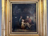 un vieux tableau représentant un homme et une femme assis dans une pièce