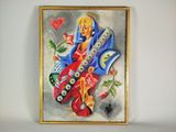 tableau représentant une femme tenant une rose dans la main droite et un cœur dans la main gauche