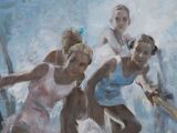 painting of a group of women playing tennis on a tennis court