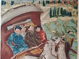a painting of people riding in a horse drawn carriage