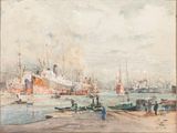 une image représentant un tableau représentant une scène de port avec des bateaux et des personnages