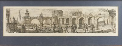 une vieille photo représentant un dessin d'une ville avec une tour horloge en arrière-plan