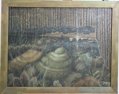 une photo d'un tableau représentant un banc dans les bois