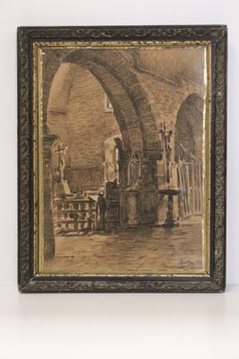 une vieille photo d'une église avec une statue en arrière-plan