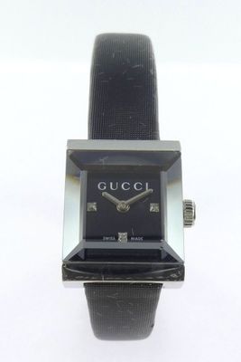 gucci women ' s watch with black leather strap and square face