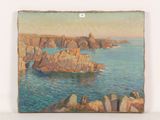 an oil painting of a rocky coast with a lighthouse in the distance
