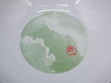 a white bowl with a green and red design on it